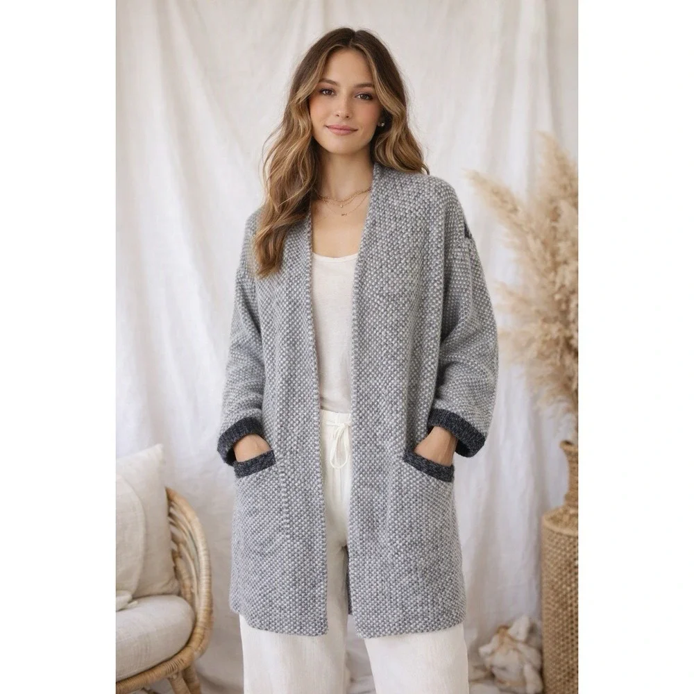 White Stuff Gray Textured Open Front Cardigan Sweater